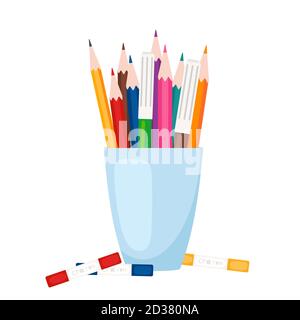 Art tools, stationery. Color pencils and markers stand in glass vector illustration Stock Vector