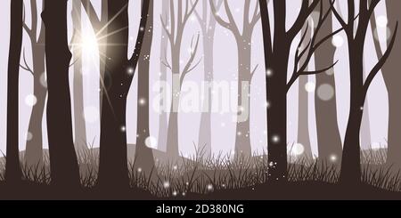 Misty forest background. Horror night and magical lights morning forest landscape, dark fantasy foggy wood, beautiful autumn or summer trunks panorama, vector illustration Stock Vector