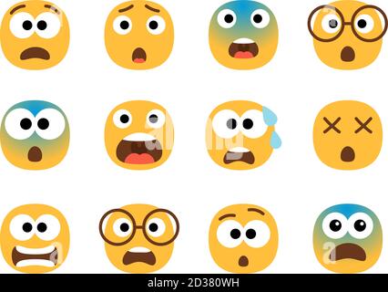 Scared emoticon faces. Vector fearing emoji set, fear screaming face, nervous and stress cartoon characters Stock Vector