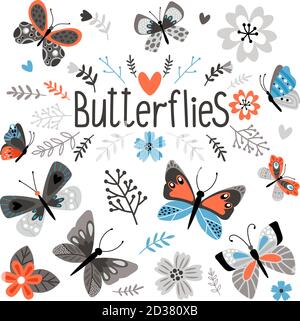 Cute butterflies and pretty flowers. Printed textile elements, spring garden beautiful naive style flora and insects vector signs isolated on white background Stock Vector