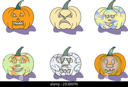 Set of funny colored cartoon pumpkins monsters with shadows for your happy halloween Stock Vector
