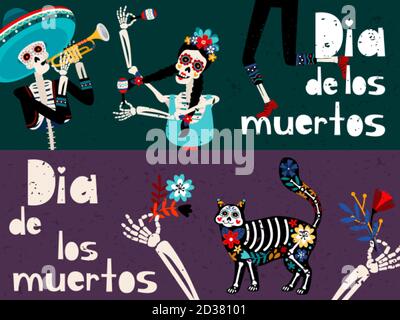 Dia de los muertos flat vector greeting card templates set. Traditional Mexican and Spanish holiday celebration banner layouts collection. Day of Dead party invitation cartoon designs pack Stock Vector