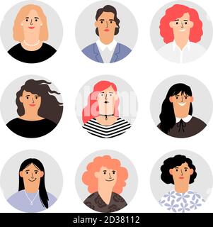 Woman face avatar portraits. Female faces avatars, vector women persons, various vector girls heads with beautiful hair, colorful blonde and brunette happy characters Stock Vector
