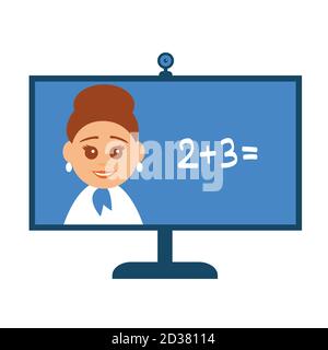 Online math lesson. Distance learning during quarantine. Woman teacher and chalkboard on the computer screen. Vector flat illustration. Stock Vector