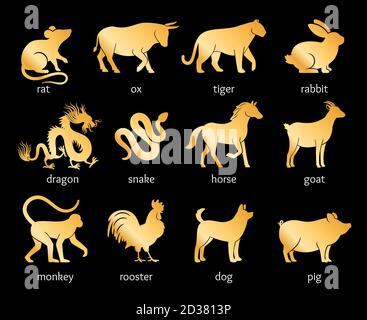 Gold named chinese horoscope. Pig and dog, rooster and monkey, goat and horse, snake and dragon, rabbit and tiger, ox and rat asian zodiacs animals characters Stock Vector