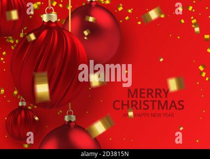Xmas background red Christmas ball in realistic style on red background. Gold realistic serpentine. Vector illustration. Stock Vector