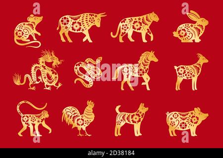 Gold on red chinese horoscope. Vector chinese animals zodiac, china calandar signs set, astrological oriental zodiacal symbols vector illustration Stock Vector