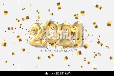 Inscription 2021 Happy new year background in realistic style on white background. Gold realistic serpentine. Vector Stock Vector