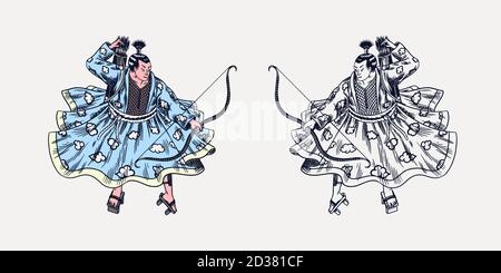 Japanese samurai. Warriors with weapons sketch. Men in a fight pose. Hand drawn vintage sketches. Vector illustration in monochrome style. Stock Vector
