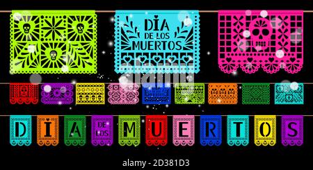 Day of dead paper decoration. Mexican holiday dia de los muetros cutted papers art papel picado, decorations flags ribbon elements with skulls, vector illustration Stock Vector