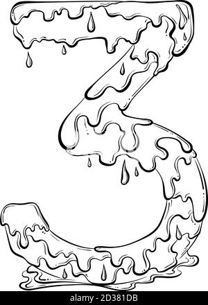 Number 3 with flow drops and goo splash. Dripping liquid symbol. Vector trendy font made in hand drawn line art style isolated on white background. Slime logo or initial letter. Stock Vector