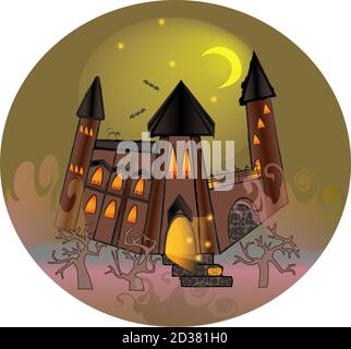 Halloween background with scary vampires castle and spooky fog at night Stock Vector