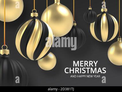 Xmas background Gold Christmas ball in realistic style on black background. Vector illustration. Stock Vector