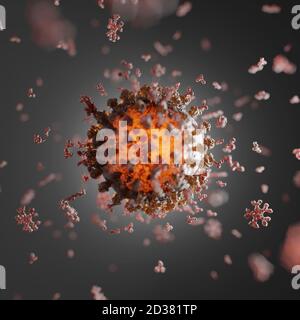 Cluster of human antibodies (igG and igM) attacking a Corona virus (Covid 19). An accurate model based on scientific structural data from the PDB. Stock Photo