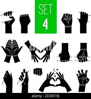 Woman hands showing gestures black illustrations set. Arm holding bar, stick, bus handrail isolated cliparts on white background. Love and peace symbols pack. Nonverbal language design elements Stock Vector