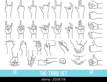 Hands showing gestures outline illustrations set. Arm holding bar, handrail isolated cliparts on white background. Cool, good symbols pack. Handshake, fist. Nonverbal language design elements Stock Vector