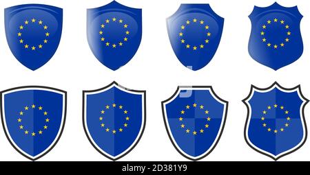Vertical EU flag in shield shape, four 3d and simple versions. European Union icon / sign Stock Vector