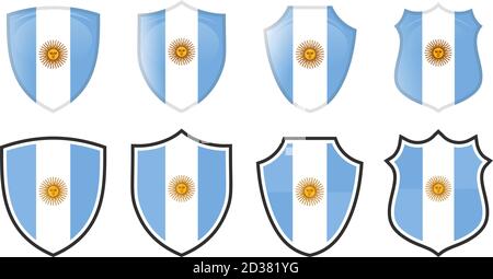 Vertical Argentinian flag in shield shape, four 3d and simple versions. Argentina icon / sign Stock Vector