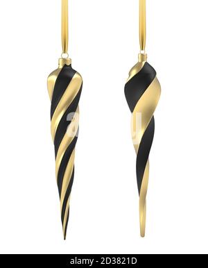 Christmas ball in realistic style on white background. Black and Gold vertical spiral. Vector illustration. Stock Vector