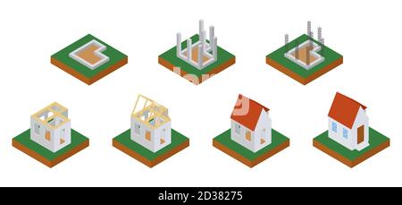 House construction phases isometric icons set vector illustration. Building stages isolated on white Stock Vector