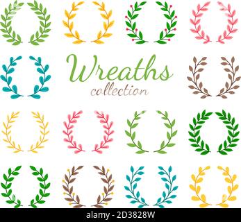 Award laurel leaf wreaths colorful icons collection, on white background. Vector illustration Stock Vector