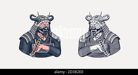 Japanese samurai. Warriors with weapons sketch. Men in a fight pose. Hand drawn vintage sketches. Vector illustration in monochrome style. Stock Vector