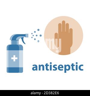Antiseptic spray for hand disinfection. Prevention of viral and bacterial infections. Vector illustration isolated on white background. Stock Vector