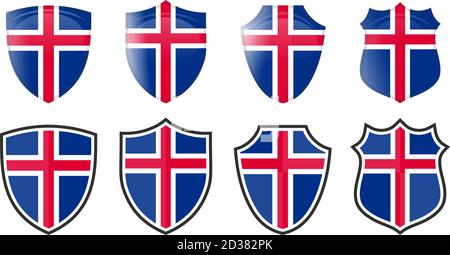 Vertical Iceland flag in shield shape, four 3d and simple versions. Icelandic icon / sign Stock Vector