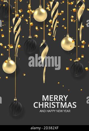 Xmas background Gold Christmas ball in realistic style on black background. Vector illustration. Stock Vector