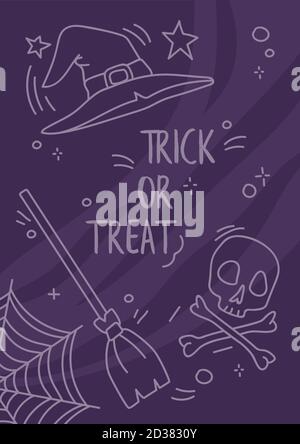 Mystic halloween card. Witch hat, broom and skull fly around. traek or treat poster. Can be used for web, greeting banner, print. Stock Vector