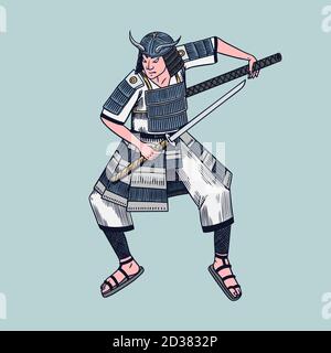 Japanese samurai. Warriors with weapons sketch. Men in a fight pose. Hand drawn vintage sketches. Vector illustration in monochrome style. Stock Vector