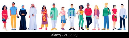 Multiethnic people crowd isolated on white background. Vector flat cartoon characters illustration. Caucasian, asian, african, arabian men and women.