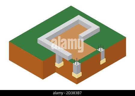 Isometric foundation cutaway vector illustration. Construction of building. Architectural technology Stock Vector