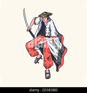 Japanese samurai. Warriors with weapons sketch. Men in a fight pose. Hand drawn vintage sketches. Vector illustration in monochrome style. Stock Vector