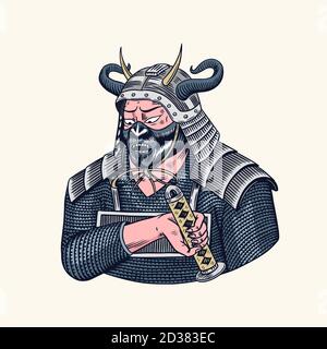 Japanese samurai. Warriors with weapons sketch. Men in a fight pose. Hand drawn vintage sketches. Vector illustration in monochrome style. Stock Vector