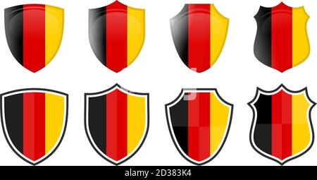 Vertical German flag in shield shape, four 3d and simple versions. Germany icon / sign Stock Vector
