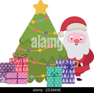 merry christmas, cute santa claus tree and gift boxes celebration, isolated design vector illustration