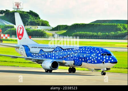 Japan Transocean Air, JTA, Boeing B-737/400, JA8939, Blue Whaleshark, Taxi After Landing, Naha Airport, Naha, Okinawa, Ryukyu Islands, Japan