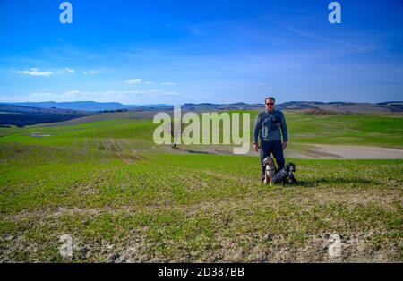 Man with Two Cocker Spaniel Dogs on the Beautiful Agriculture Landscape with a Single Tree in Tuscany, Italy. Stock Photo