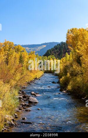 Fall colors along the San Miguel River in Telluride, Colorado, USA. Stock Photo