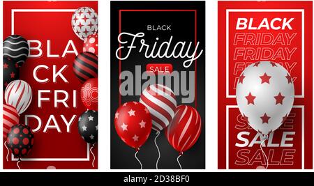 Black Friday vertical banner for stories. Vector Set of black friday theme social media stories post, 3d realistic black and red balloon banner cover Stock Vector