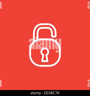 Open Lock Line Icon On Red Background. Red Flat Style Vector Illustration. Stock Vector