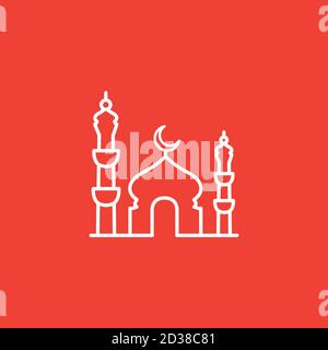 Mosque Line Icon On Red Background. Red Flat Style Vector Illustration. Stock Vector