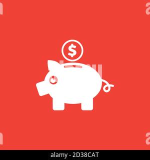 Piggy Bank Icon On Red Background. Red Flat Style Vector Illustration. Stock Vector
