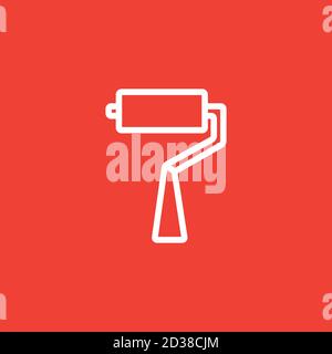 Roller Brush Line Icon On Red Background. Red Flat Style Vector Illustration. Stock Vector