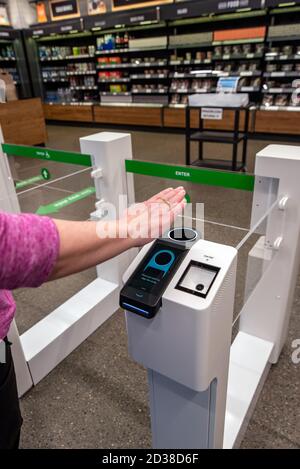 Seattle, Washington, USA – October 7, 2020  Amazon Go introduces palm scanners to access and purchase items with no checkout Stock Photo