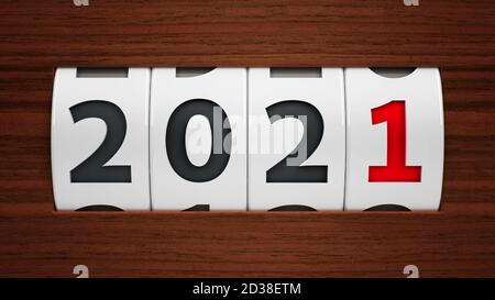 Design component of a counter dial that is showing the year 2021, three-dimensional rendering, 3D illustration Stock Photo