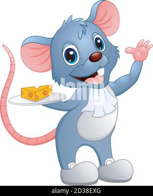 Vector illustration of Cartoon mouse holding a slice of cheese on a plate Stock Vector