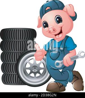 Cartoon pig mechanic with car tire giving a thumbs up and holding a spanner Stock Vector