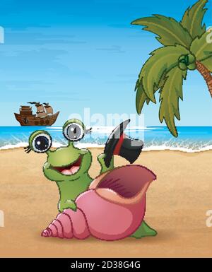 Vector illustration of Smiling snail cartoon on the beach Stock Vector
